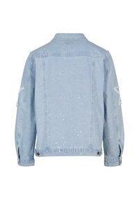 Light blue denim jacket, featuring a relaxed fit, distressed detailing on sleeves, and scattered white paint splatters across the fabric.