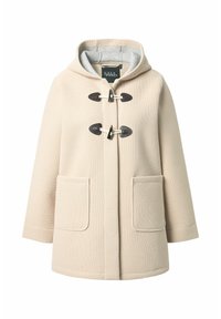 Béžový kabát s kapucí na šňůrkové zapínání, dvěma předními kapsami, texturovaným materiálem a šedou podšívkou. Má volnější střih a krátké rukávy.