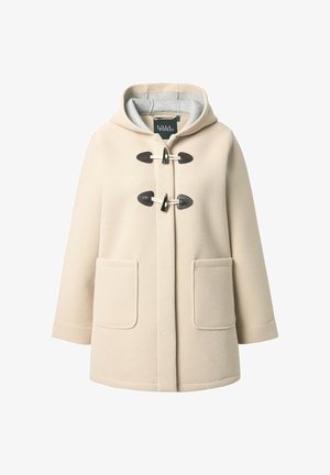 Beiger Kapuzenmantel mit Knebelverschlüssen, zwei vorderen Taschen, strukturierter Stoff und grauem Futter. Verfügt über eine lockere Passform und kurze Ärmel.