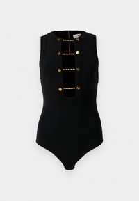 Sleeveless black bodysuit with round neckline, gold buttons, and chains across front neckline, with ribbed trim detailing.