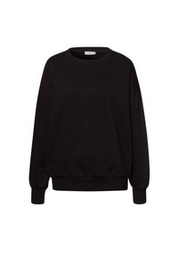 Czarna bluza z okrągłym dekoltem, długimi rękawami i prążkowanymi mankietami. Posiada subtelne wzory w kropki i luźny krój. Wykonana z miękkiego materiału.