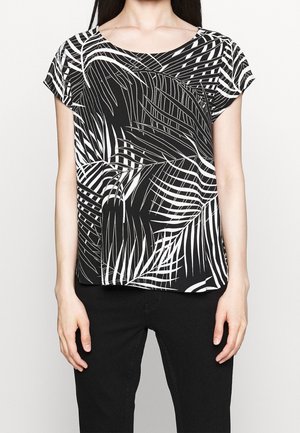 Top corto nero a maniche corte con motivi bianchi a foglia di palma, con scollatura rotonda e vestibilità ampia, realizzato in un tessuto leggero.