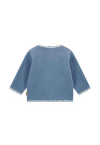 Blue fleece top with long sleeves, round neckline, and floral trim along collar and cuffs. Smooth texture and relaxed fit.