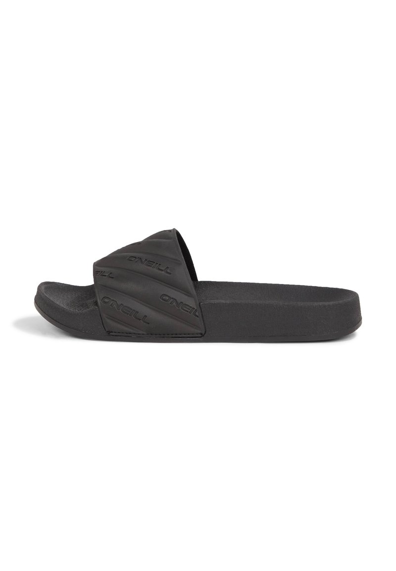 Sort slid sandal i tekstileret materiale med et diagonalt mønster og prægede logo. Flad sål, lavet af fleksibelt materiale for komfort.