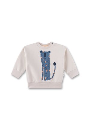 Baby-Sweatshirt in Cremefarbe mit langen Ärmeln und einem blauen Cartoon-Leoparden auf der Vorderseite, der rosa und dunkelblaue Flecken hat.