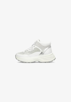 White and silver high-top sneaker, featuring mesh and suede materials, textured accents, lace-up design, and a thick, textured sole.