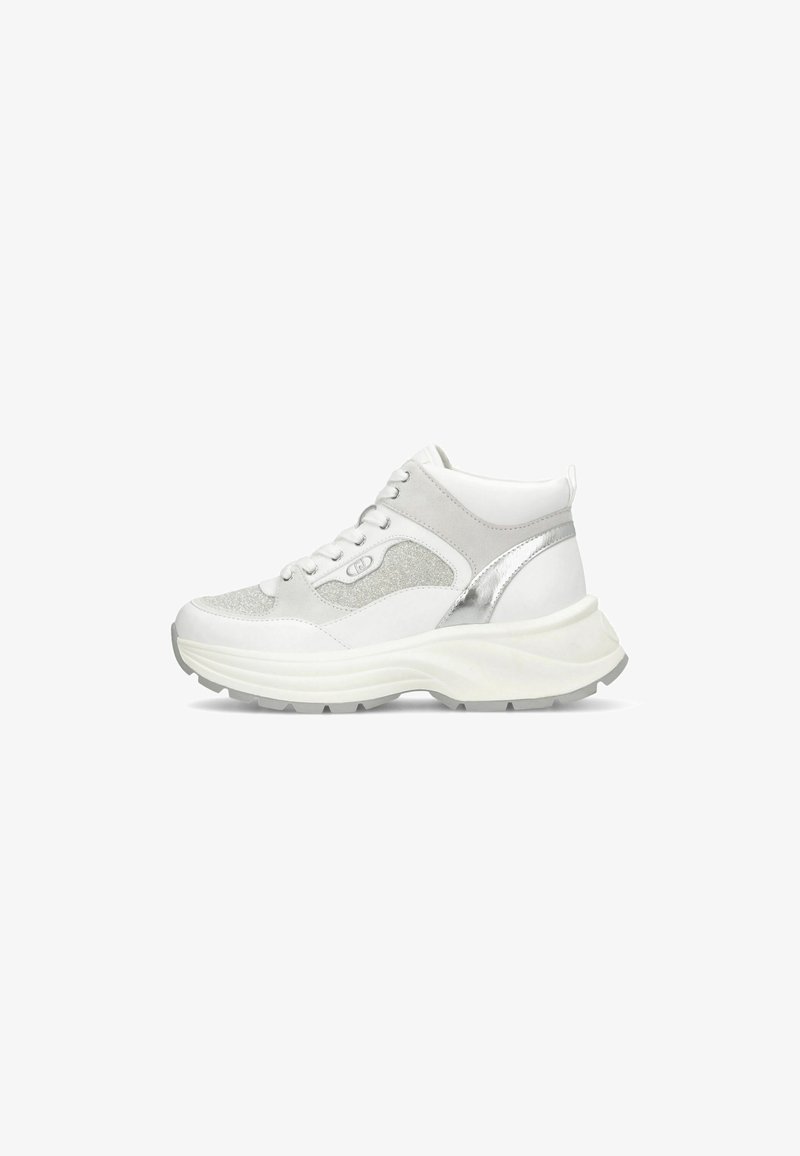 White and silver high-top sneaker, featuring mesh and suede materials, textured accents, lace-up design, and a thick, textured sole.