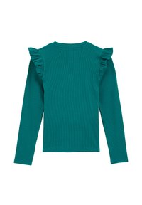 Zöldeskék, hosszú ujjú, bordás anyagú póló, fodros vállrész részletekkel, hátulról nézve, fehér háttér előtt.