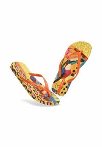 Chanclas coloridas con una suela de goma texturizada. Presentan patrones audaces en amarillo, rosa y naranja con diseños de leopardo y flores.