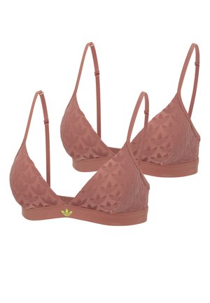 Deux soutiens-gorge triangles mauves sans couture avec bretelles réglables et logos en relief subtil, présentés de face et de dos.