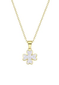 Gouden ketting met een bloemvormige hanger versierd met heldere kristallen, wat een gestructureerd en reflecterend oppervlak creëert.