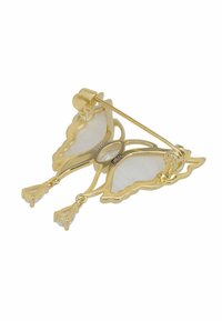 Gold-tone butterfly brooch featuring semi-transparent wings, beaded accents, and a secure pin closure. Elegant design with intricate cut-outs.