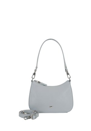 Hellgraue Leder-Umhängetasche mit silbernen Beschlägen, abnehmbarem Riemen und kleinem metallischem Markenlogo auf der Vorderseite.