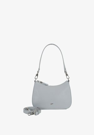 Sac bandoulière en cuir gris clair avec ferrures argentées, bandoulière amovible et petit logo de marque métallique à l'avant.