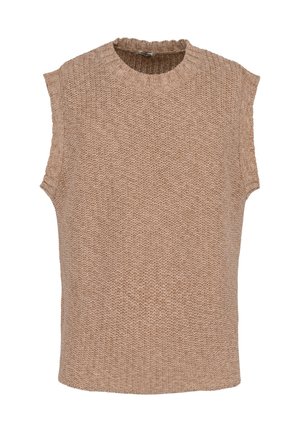 Mouwloos beige gebreid sweatervest met een ronde halslijn en een gestructureerd steekpatroon, getoond tegen een witte achtergrond.