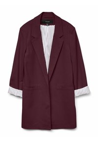 Burgundy blejzer s reverima, dva prednja džepa i prugastim manžetama. Napravljen od glatkog materijala s ležernim krojem.