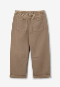 Bruine katoenen broek met een losse pasvorm, uitgerust met een elastische tailleband, twee achterzakken en opgerolde mouwen. Gladde textuur met een klassiek ontwerp.