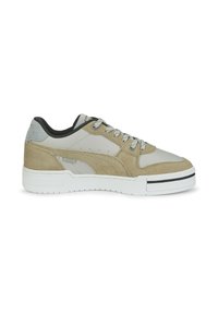 Sneakers with a beige suede and gray leather upper, white rubber sole, and gray accents. Features traditional lacing and padded collar.