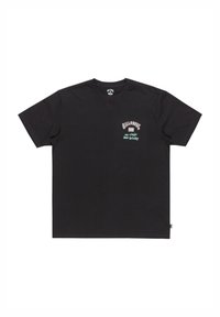 Black cotton t-shirt with short sleeves, featuring front graphic text in white and green, and logo detail above. Clean, regular fit design.