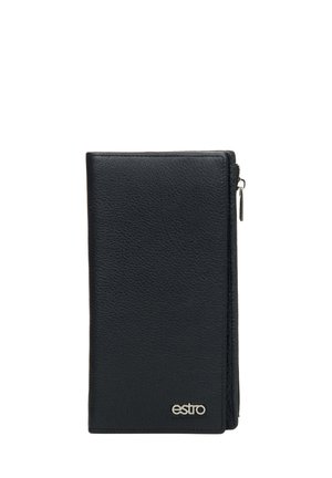 Black leather wallet with a textured finish, vertical design, silver zipper detail, and a small logo at the bottom right corner.