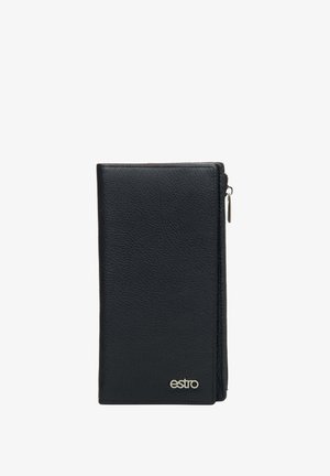 Black leather wallet with a textured finish, vertical design, silver zipper detail, and a small logo at the bottom right corner.