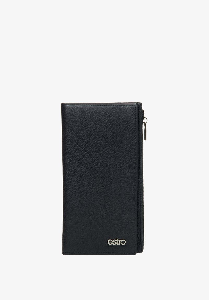 Černá kožená peněženka s texturovaným povrchem, vertikální design, stříbrný zip a malé logo v pravém dolním rohu.