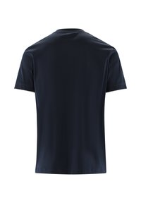 Dunkelblaues T-Shirt mit kurzen Ärmeln, aus glattem Stoff, mit klassischem Rundhalsausschnitt und schlichtem, ungeschmücktem Rücken.