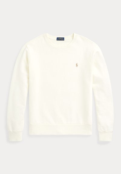 Sweatshirt de algodão com gola redonda em off-white, com punhos e bainha canelados. Apresenta um pequeno logo bordado em dourado no lado esquerdo do peito.