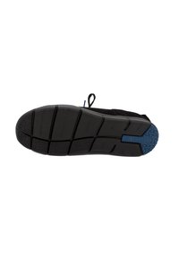 Black rubber outsole with textured pattern, featuring a blue accent. The design includes grooves for traction and a logo inset.