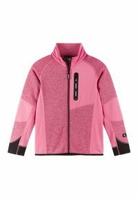 Rosa Fleecejacke mit hohem Kragen und Reißverschluss, mit kontrastierenden schwarzen Akzenten an den Bündchen und dem Saum sowie einem strukturierten Paneldesign.