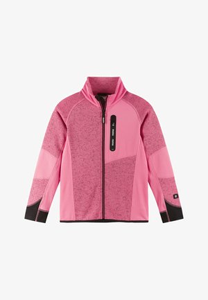 Pink fleece jacket with high collar and zipper, featuring contrasting black accents on cuffs and hem, and textured panel design.