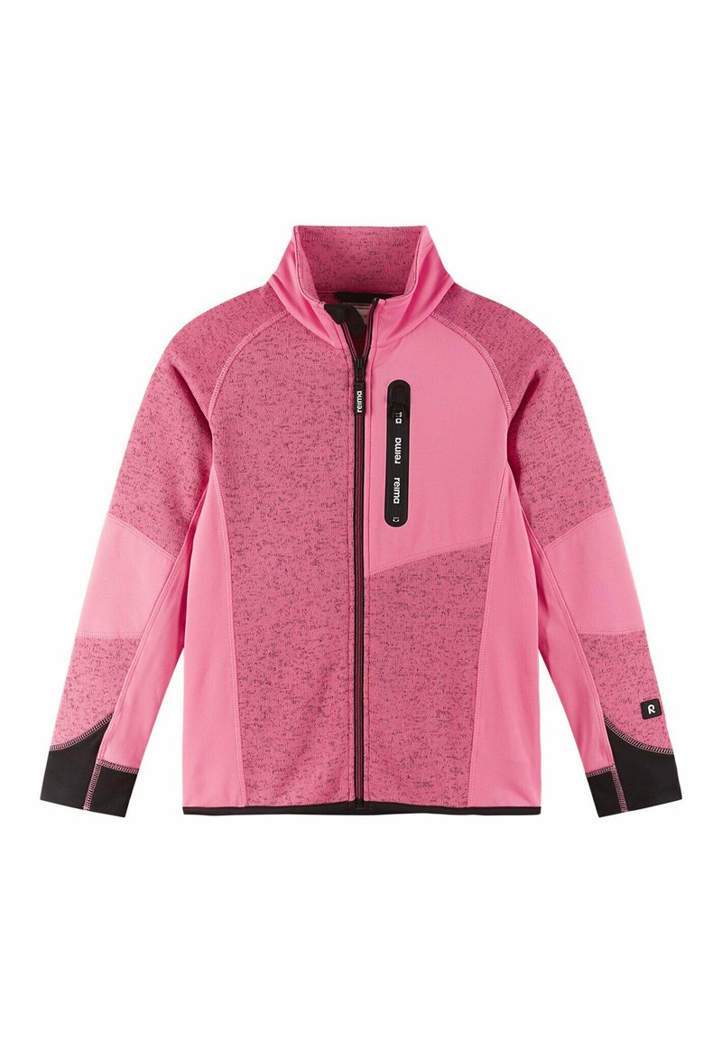 Rosa Fleecejacke mit hohem Kragen und Reißverschluss, mit kontrastierenden schwarzen Akzenten an den Bündchen und dem Saum sowie einem strukturierten Paneldesign.