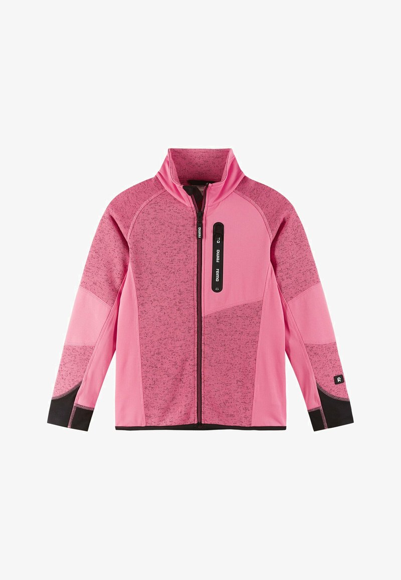 Rosa Fleecejacke mit hohem Kragen und Reißverschluss, mit kontrastierenden schwarzen Akzenten an den Bündchen und dem Saum sowie einem strukturierten Paneldesign.