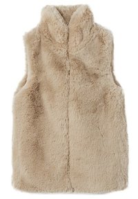 Gilet in pelliccia sintetica di un beige chiaro, con colletto alto e design senza maniche. Texture morbida e pelosa con un davanti senza cuciture.