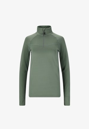 Grøn langærmet pullover med kvart lynlås, lavet af glat, letvægtsstof; har raglanærmer og kontrastsyninger.