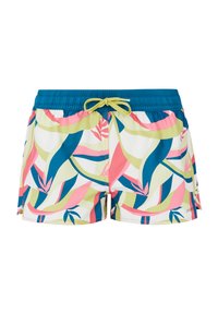 Pantaloni da nuoto con un motivo tropicale multicolore di foglie nei toni di rosa, verde e blu. Caratterizzati da una vita elasticizzata con un cordino giallo.