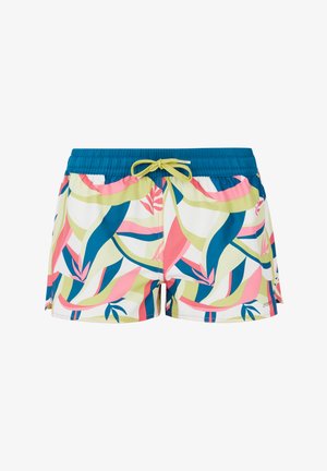 Zwemshorts met een multikleurig tropisch bladerenpatroon in roze, groen en blauw. Voorzien van een elastische tailleband met een gele trekkoord.