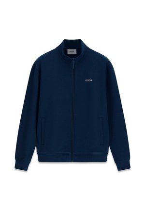 Marineblauwe zip-up sweatvest met een hoge kraag, twee zijzakken en een "GUESS"-logo op de linkerborst, gemaakt van zacht materiaal.