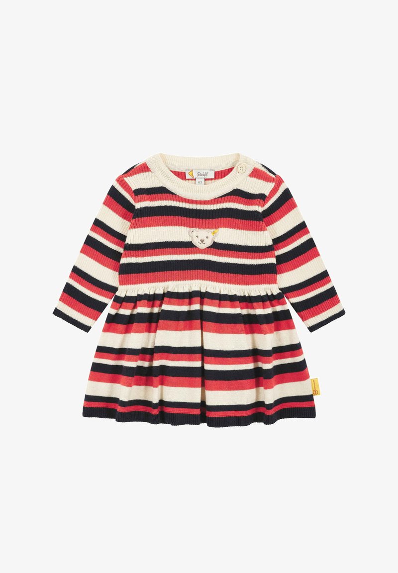 Robe bébé à manches longues avec des rayures horizontales rouges, noires et blanches et un petit visage de nounours brodé sur la poitrine.