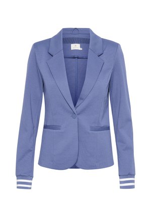 Blue blazer with striped texture, notched lapels, single button closure, and two front pockets; features white striped cuffs.
