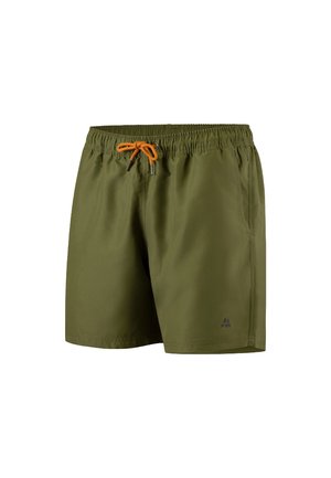 Olivgrüne Badehosen mit einem elastischen Bund, orangefarbener Kordel, Seitentaschen und einem Logo in der unteren rechten Ecke.