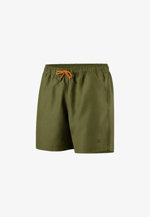 Olivově zelené plavky s elastickým pasem, oranžovou šňůrkou, bočními kapsami a logem v pravém dolním rohu.