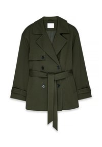 Olive green double-breasted jacket with a wide collar, adjustable cuffs, and a matching belt; smooth texture and minimalistic design.