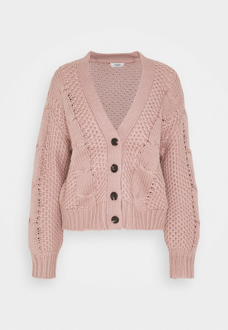 Knitted pink cardigan with a V-neck, featuring decorative patterns, long sleeves, ribbed cuffs, and five brown buttons along the front.