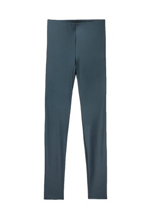 Dunkeltürkise Leggings aus einem glatten, dehnbaren Stoff. Sie besitzen einen hohen Bund und ein durchgehendes Design ohne Muster oder Akzente.