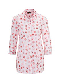 Overhemd van lichtgewicht stof, met een witte basis en rode cirkelvormige patronen. Het heeft een kraag en driekwart mouwen.