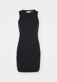 Black sleeveless dress made of smooth, stretchy fabric. Features a round neckline and fitted shape, with a hem ending above the knee.