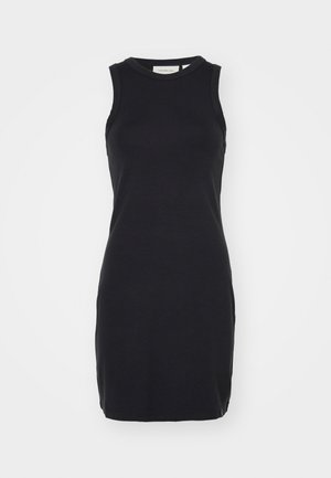 Black sleeveless dress made of smooth, stretchy fabric. Features a round neckline and fitted shape, with a hem ending above the knee.