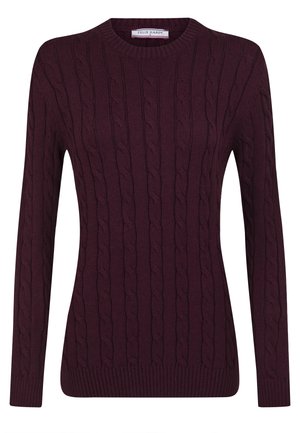 Pull en maille torsadée bordeaux avec un col rond et des manches longues. Présente un ourlet et des poignets côtelés, mettant en avant un motif texturé.