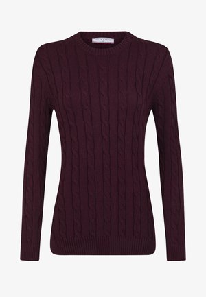 Burgundowa sweter robiony na drutach z okrągłym dekoltem i długimi rękawami. Posiada ściągacz na dole i przy mankietach, prezentując teksturowany wzór.